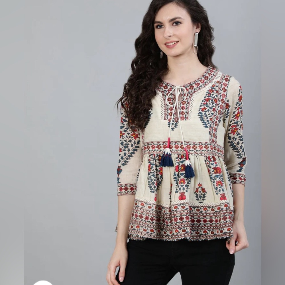Ishin Women's Off White Embellished A-Line Top